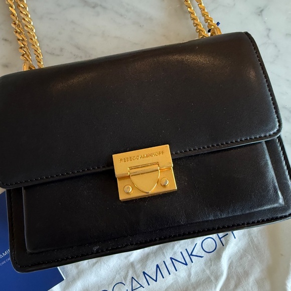REBECCA MINKOFF Black Gold Chain Crossbody Shoulder Leather Bag - Picture 2 of 4